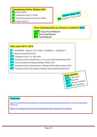 Page 2/3
Club Colombophile du Hainaut occidental 2017
17ème
Grand Fond Wallonie
7ème
demi-fond Hainaut
9ème
fond Wallonie
Reportages:
http://www.herbots.be/nl/nieuws-lcb/nieuws-algemeen/d/detail/andre-steenhaut-de-bassilly-1-i-prov-cfw-chateauroux-
3679-vx-nl
https://www.pipa.be/fr/races/news/championnats-derby-hainaut-2011-resultats
Championnat Derby Hainaut 2011
1er
général (2PM)
1er
Grand demi-fond Vx (2PM)
1er
Fond & Grand demi-fond Ygls (2PM)
1er
As-pig. Fond Vx
Mais aussi 2015- 2016
1er
CHAMPION Général 2015 et 2016 ‘’RAMIER A LESSINES’’.
1er
Champion Grand Fond 2016
2ème
Champion Fond Vx et Ygls 2016
6ème
Champion Fond et Grand Fond 1 et 2 inscrits Ygls Derby Hainaut 2016
3ème
Fond et Grand Fond Hainaut Brabant Wallon 2016
3ème
Champion Fond Yearling Hainaut -Brabant Wallon Derby Hainaut 2015
5ème
Champion Fond Vieux Hainaut -Brabant Wallon Derby Hainaut 2015
 