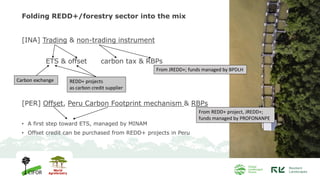Folding REDD+/forestry sector into the mix
[INA] Trading & non-trading instrument
ETS & offset carbon tax & RBPs
[PER] Off...