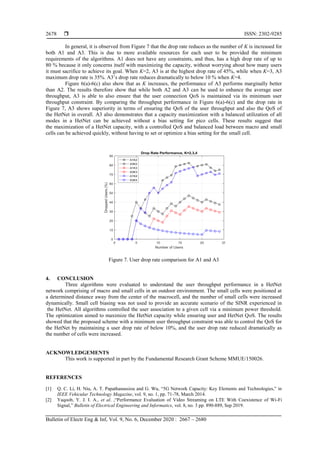  ISSN: 2302-9285
Bulletin of Electr Eng & Inf, Vol. 9, No. 6, December 2020 : 2667 – 2680
2678
In general, it is observed from Figure 7 that the drop rate reduces as the number of K is increased for
both A1 and A3. This is due to more available resources for each user to be provided the minimum
requirements of the algorithms. A1 does not have any constraints, and thus, has a high drop rate of up to
80 % because it only concerns itself with maximizing the capacity, without worrying about how many users
it must sacrifice to achieve its goal. When K=2, A3 is at the highest drop rate of 45%, while when K=3, A3
maximum drop rate is 35%. A3’s drop rate reduces dramatically to below 10 % when K=4.
Figure 6(a)-6(c) also show that as K increases, the performance of A3 performs marginally better
than A2. The results therefore show that while both A2 and A3 can be used to enhance the average user
throughput, A3 is able to also ensure that the user connection QoS is maintained via its minimum user
throughput constraint. By comparing the throughput performance in Figure 6(a)-6(c) and the drop rate in
Figure 7, A3 shows superiority in terms of ensuring the QoS of the user throughput and also the QoS of
the HetNet in overall. A3 also demonstrates that a capacity maximization with a balanced utilization of all
modes in a HetNet can be achieved without a bias setting for pico cells. These results suggest that
the maximization of a HetNet capacity, with a controlled QoS and balanced load between macro and small
cells can be achieved quickly, without having to set or optimize a bias setting for the small cell.
Figure 7. User drop rate comparison for A1 and A3
4. CONCLUSION
Three algorithms were evaluated to understand the user throughput performance in a HetNet
network comprising of macro and small cells in an outdoor environment. The small cells were positioned at
a determined distance away from the center of the macrocell, and the number of small cells were increased
dynamically. Small cell biasing was not used to provide an accurate scenario of the SINR experienced in
the HetNet. All algorithms controlled the user association to a given cell via a minimum power threshold.
The optimization aimed to maximize the HetNet capacity while ensuring user and HetNet QoS. The results
showed that the proposed scheme with a minimum user throughput constraint was able to control the QoS for
the HetNet by maintaining a user drop rate of below 10%, and the user drop rate reduced dramatically as
the number of cells were increased.
ACKNOWLEDGEMENTS
This work is supported in part by the Fundamental Research Grant Scheme MMUE/150026.
REFERENCES
[1] Q. C. Li, H. Niu, A. T. Papathanassiou and G. Wu, ―5G Network Capacity: Key Elements and Technologies,‖ in
IEEE Vehicular Technology Magazine, vol. 9, no. 1, pp. 71-78, March 2014.
[2] Yaqoob, Y. J. I. A., et al. ,―Performance Evaluation of Video Streaming on LTE With Coexistence of Wi-Fi
Signal,‖ Bulletin of Electrical Engineering and Informatics, vol. 8, no. 3 pp. 890-889, Sep 2019.
 
