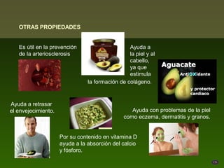OTRAS PROPIEDADES


   Es útil en la prevención                      Ayuda a
   de la arteriosclerosis                        la piel y al
                                                 cabello,
                                                 ya que
                                                 estimula
                                la formación de colágeno.


Ayuda a retrasar
el envejecimiento.                                Ayuda con problemas de la piel
                                               como eczema, dermatitis y granos.


                     Por su contenido en vitamina D
                     ayuda a la absorción del calcio
                     y fósforo.
 
