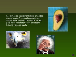 Los alimentos naturalmente ricos en ácidos
grasos omega 3, como el aguacate, son
ampliamente reconocidos como el secreto
para tener un corazón sano, un cerebro
brillante y ojos de águila.
 