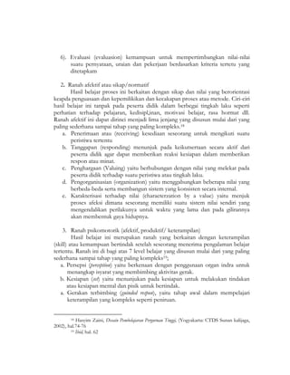 6). Evaluasi (evaluasion) kemampuan untuk mempertimbangkan nilai-nilai
suatu pernyataan, uraian dan pekerjaan berdasarkan kriteria tertetu yang
ditetapkam
2. Ranah afektif atau sikap/normatif
Hasil belajar proses ini berkaitan dengan sikap dan nilai yang berorientasi
keapda penguasaan dan kepemilikikan dan kecakapan proses atau metode. Ciri-ciri
hasil belajar ini tanpak pada peserta didik dalam berbegai tingkah laku seperti
perhatian terhadap pelajaran, kedisipl,inan, motivasi belajar, rasa hormat dll.
Ranah afektif ini dapat dirinci menjadi lima jenjang yang disusun mulai dari yang
paling sederhana sampai tahap yang paling kompleks.18
a. Penerimaan atau (receiving) kesediaan seseorang untuk mengikuti suatu
peristiwa tertentu
b. Tanggapan (responding) menunjuk pada keikutsertaan secara aktif dari
peserta didik agar dapat memberikan reaksi kesiapan dalam memberikan
respon atau minat.
c. Penghargaan (Valuing) yaitu berhubungan dengan nilai yang melekat pada
peserta didik terhadap suatu peristiwa atau tingkah laku.
d. Pengorganisasian (organization) yaitu menggabungkan beberapa nilai yang
berbeda-beda serta membangun sistem yang konsisten secara internal.
e. Karakterisasi terhadap nilai (characterzation by a value) yaitu menjuk
proses afeksi dimana seseorang memiliki suatu sistem nilai sendiri yang
mengendalikan perilakunya untuk waktu yang lama dan pada gilirannya
akan membentuk gaya hidupnya.
3. Ranah psikomotorik (afektif, produktif/ keterampilan)
Hasil belajar ini merupakan ranah yang berkaitan dengan keterampilan
(skill) atau kemampuan bertindak setelah seseorang menerima pengalaman belajar
tertentu. Ranah ini di bagi atas 7 level belajar yang disusun mulai dari yang paling
sederhana sampai tahap yang paling kompleks19;
a. Persepsi (perception) yaitu berkenaan dengan penggunaan organ indra untuk
menangkap isyarat yang membimbing aktivitas gerak.
b. Kesiapan (set) yaitu menunjukan pada kesiapan untuk melakukan tindakan
atau kesiapan mental dan pisik untuk bertindak.
a. Gerakan terbimbing (guinded respon), yaitu tahap awal dalam mempelajari
keterampilan yang kompleks seperti peniruan.
18 Hasyim Zaini, Desain Pembelajaran Perguruan Tinggi, (Yogyakarta: CTDS Sunan kalijaga,
2002), hal.74-76
19 Ibid, hal. 62
 