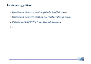 Evidenze oggettive

   Specifiche di sicurezza per il progetto dei luoghi di lavoro

   Specifiche di sicurezza per l’acquisto di attrezzature di lavoro

   Collegamenti tra il DVR e le specifiche di sicurezza

   …
 