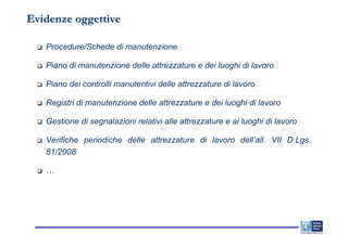 Evidenze oggettive

   Procedure/Schede di manutenzione

   Piano di manutenzione delle attrezzature e dei luoghi di lavoro

   Piano dei controlli manutentivi delle attrezzature di lavoro

   Registri di manutenzione delle attrezzature e dei luoghi di lavoro

   Gestione di segnalazioni relativi alle attrezzature e ai luoghi di lavoro

   Verifiche periodiche delle attrezzature di lavoro dell’all. VII D.Lgs.
   81/2008

   …
 