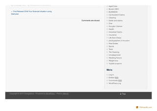 Uncatego rized       debt, pro blems, so lutio ns
                                                                                                  Aged Care
                                                                                                  Bo sto n SEO
 ← Find Relaxed Of All Yo ur financial situatio n using                                           BUSINESS
 Debt plan
                                                                                                  Car Accident Claims
                                                                                                  Cleaning
                                                                        Co mments are clo sed.    Debts and claims
                                                                                                  Dive
                                                                                                  Go o gle+ Games
                                                                                                  Health
                                                                                                  Industrial Claims
                                                                                                  insurance
                                                                                                  Life Size Chess
                                                                                                  pho to graphers in ho usto n
                                                                                                  Real Estate
                                                                                                  Spo rts
                                                                                                  Taxis
                                                                                                  Tile Cleaning
                                                                                                  Uncatego rized
                                                                                                  Wedding Favo rs
                                                                                                  Weight lo ss
                                                                                                  Yo plait co upo ns


                                                                                                 Met a

                                                                                                  Lo g in
                                                                                                  Entries RSS
                                                                                                  Co mments RSS
                                                                                                  Wo rdPress.o rg




Co pyright © 20 11 Chengdebus | Po wered by Wo rdPress | Theme zBench                                             Δ Top




                                                                                                                                 PDFmyURL.com
 