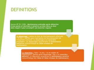DEFINITIONS
Norme NF EN 13306 : Maintenance exécutée après détection
d'une panne et destinée à remettre un bien dans un état
dans lequel il peut accomplir une fonction requise.
Le dépannage : remise en état de fonctionnement effectuée
« in situ », parfois sans interruption du fonctionnement de
l’ensemble concerné. Le dépannage a un caractère
provisoire. Les dépannages caractérisent la maintenance
palliative caractéristique du 2ème niveaux de
maintenance.
La réparation : faite « in situ » ou en atelier de
maintenance, parfois après dépannage. Elle a un caractère
définitif. La réparation caractérise la maintenance curative
caractéristique des 2ème et 3ème niveaux de maintenance.
 