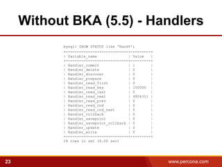 Without BKA (5.5) - Handlers
           mysql> SHOW STATUS like ‘Hand%’;
           +----------------------------+---------+
           | Variable_name              | Value   |
           +----------------------------+---------+
           | Handler_commit             | 1       |
           | Handler_delete             | 0       |
           | Handler_discover           | 0       |
           | Handler_prepare            | 0       |
           | Handler_read_first         | 0       |
           | Handler_read_key           | 150000 |
           | Handler_read_last          | 0       |
           | Handler_read_next          | 4804311 |
           | Handler_read_prev          | 0       |
           | Handler_read_rnd           | 0       |
           | Handler_read_rnd_next      | 0       |
           | Handler_rollback           | 0       |
           | Handler_savepoint          | 0       |
           | Handler_savepoint_rollback | 0       |
           | Handler_update             | 0       |
           | Handler_write              | 0       |
           +----------------------------+---------+
           18 rows in set (0.00 sec)




23                                                    www.percona.com
 