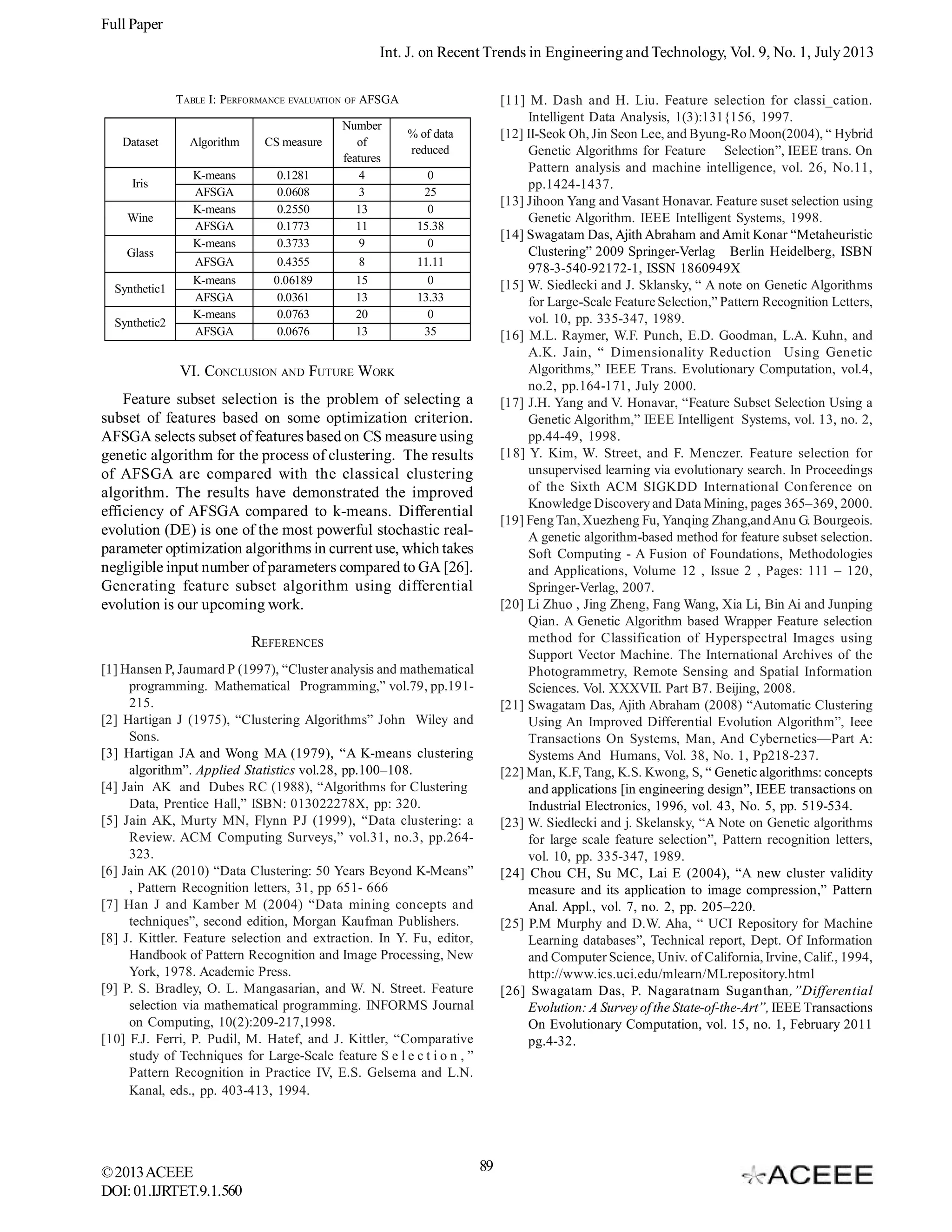 Full Paper
Int. J. on Recent Trends in Engineering and Technology, Vol. 9, No. 1, July 2013
TABLE I: PERFORMANCE EVALUATION OF AFSGA

Dataset
Iris
Wine
Glass
Synthetic1
Synthetic2

Algorithm

CS measure

K-means
AFSGA
K-means
AFSGA
K-means

0.1281
0.0608
0.2550
0.1773
0.3733

Number
of
features
4
3
13
11
9

AFSGA
K-means
AFSGA
K-means
AFSGA

0.4355
0.06189
0.0361
0.0763
0.0676

8
15
13
20
13

[11] M. Dash and H. Liu. Feature selection for classi_cation.
Intelligent Data Analysis, 1(3):131{156, 1997.
[12] II-Seok Oh, Jin Seon Lee, and Byung-Ro Moon(2004), “ Hybrid
Genetic Algorithms for Feature Selection”, IEEE trans. On
Pattern analysis and machine intelligence, vol. 26, No.11,
pp.1424-1437.
[13] Jihoon Yang and Vasant Honavar. Feature suset selection using
Genetic Algorithm. IEEE Intelligent Systems, 1998.
[14] Swagatam Das, Ajith Abraham and Amit Konar “Metaheuristic
Clustering” 2009 Springer-Verlag Berlin Heidelberg, ISBN
978-3-540-92172-1, ISSN 1860949X
[15] W. Siedlecki and J. Sklansky, “ A note on Genetic Algorithms
for Large-Scale Feature Selection,” Pattern Recognition Letters,
vol. 10, pp. 335-347, 1989.
[16] M.L. Raymer, W.F. Punch, E.D. Goodman, L.A. Kuhn, and
A.K. Jain, “ Dimensionality Reduction Using Genetic
Algorithms,” IEEE Trans. Evolutionary Computation, vol.4,
no.2, pp.164-171, July 2000.
[17] J.H. Yang and V. Honavar, “Feature Subset Selection Using a
Genetic Algorithm,” IEEE Intelligent Systems, vol. 13, no. 2,
pp.44-49, 1998.
[18] Y. Kim, W. Street, and F. Menczer. Feature selection for
unsupervised learning via evolutionary search. In Proceedings
of the Sixth ACM SIGKDD International Conference on
Knowledge Discovery and Data Mining, pages 365–369, 2000.
[19] Feng Tan, Xuezheng Fu, Yanqing Zhang,and Anu G. Bourgeois.
A genetic algorithm-based method for feature subset selection.
Soft Computing - A Fusion of Foundations, Methodologies
and Applications, Volume 12 , Issue 2 , Pages: 111 – 120,
Springer-Verlag, 2007.
[20] Li Zhuo , Jing Zheng, Fang Wang, Xia Li, Bin Ai and Junping
Qian. A Genetic Algorithm based Wrapper Feature selection
method for Classification of Hyperspectral Images using
Support Vector Machine. The International Archives of the
Photogrammetry, Remote Sensing and Spatial Information
Sciences. Vol. XXXVII. Part B7. Beijing, 2008.
[21] Swagatam Das, Ajith Abraham (2008) “Automatic Clustering
Using An Improved Differential Evolution Algorithm”, Ieee
Transactions On Systems, Man, And Cybernetics—Part A:
Systems And Humans, Vol. 38, No. 1, Pp218-237.
[22] Man, K.F, Tang, K.S. Kwong, S, “ Genetic algorithms: concepts
and applications [in engineering design”, IEEE transactions on
Industrial Electronics, 1996, vol. 43, No. 5, pp. 519-534.
[23] W. Siedlecki and j. Skelansky, “A Note on Genetic algorithms
for large scale feature selection”, Pattern recognition letters,
vol. 10, pp. 335-347, 1989.
[24] Chou CH, Su MC, Lai E (2004), “A new cluster validity
measure and its application to image compression,” Pattern
Anal. Appl., vol. 7, no. 2, pp. 205–220.
[25] P.M Murphy and D.W. Aha, “ UCI Repository for Machine
Learning databases”, Technical report, Dept. Of Information
and Computer Science, Univ. of California, Irvine, Calif., 1994,
http://www.ics.uci.edu/mlearn/MLrepository.html
[26] Swagatam Das, P. Nagaratnam Suganthan,”Differential
Evolution: A Survey of the State-of-the-Art”, IEEE Transactions
On Evolutionary Computation, vol. 15, no. 1, February 2011
pg.4-32.

% of data
reduced
0
25
0
15.38
0
11.11
0
13.33
0
35

VI. CONCLUSION AND FUTURE WORK
Feature subset selection is the problem of selecting a
subset of features based on some optimization criterion.
AFSGA selects subset of features based on CS measure using
genetic algorithm for the process of clustering. The results
of AFSGA are compared with the classical clustering
algorithm. The results have demonstrated the improved
efficiency of AFSGA compared to k-means. Differential
evolution (DE) is one of the most powerful stochastic realparameter optimization algorithms in current use, which takes
negligible input number of parameters compared to GA [26].
Generating feature subset algorithm using differential
evolution is our upcoming work.
REFERENCES
[1] Hansen P, Jaumard P (1997), “Cluster analysis and mathematical
programming. Mathematical Programming,” vol.79, pp.191215.
[2] Hartigan J (1975), “Clustering Algorithms” John Wiley and
Sons.
[3] Hartigan JA and Wong MA (1979), “A K-means clustering
algorithm”. Applied Statistics vol.28, pp.100–108.
[4] Jain AK and Dubes RC (1988), “Algorithms for Clustering
Data, Prentice Hall,” ISBN: 013022278X, pp: 320.
[5] Jain AK, Murty MN, Flynn PJ (1999), “Data clustering: a
Review. ACM Computing Surveys,” vol.31, no.3, pp.264323.
[6] Jain AK (2010) “Data Clustering: 50 Years Beyond K-Means”
, Pattern Recognition letters, 31, pp 651- 666
[7] Han J and Kamber M (2004) “Data mining concepts and
techniques”, second edition, Morgan Kaufman Publishers.
[8] J. Kittler. Feature selection and extraction. In Y. Fu, editor,
Handbook of Pattern Recognition and Image Processing, New
York, 1978. Academic Press.
[9] P. S. Bradley, O. L. Mangasarian, and W. N. Street. Feature
selection via mathematical programming. INFORMS Journal
on Computing, 10(2):209-217,1998.
[10] F.J. Ferri, P. Pudil, M. Hatef, and J. Kittler, “Comparative
study of Techniques for Large-Scale feature S e l e c t i o n , ”
Pattern Recognition in Practice IV, E.S. Gelsema and L.N.
Kanal, eds., pp. 403-413, 1994.

© 2013 ACEEE
DOI: 01.IJRTET.9.1.560

89

 