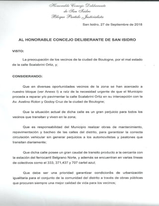 560-HCD-2018 Proy. de Comunicación: Repavimentación en la calle Scalabrini Ortiz de Boulogne