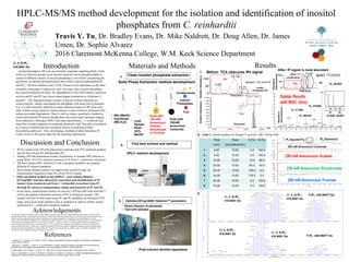 HPLC-MS/MS method development for the isolation and identification of inositol
phosphates from C. reinhardtii
Travis Y. Tu, Dr. Bradley Evans, Dr. Mike Naldrett, Dr. Doug Allen, Dr. James
Umen, Dr. Sophie Alvarez
2016 Claremont McKenna College, W.M. Keck Science Department
Introduction Materials and Methods Results
Discussion and Conclusion
Inositol phosphates (IPs) are an extremely important signaling family. Each
of the six hydroxyl groups on an inositol molecule can be phosphorylated to
create 63 different isomers of inositol phosphates, even before considering the
possibility of repeated phosphorylation that would create pyrophosphates(IP7
and IP8)1
. The best studied is Ins(1,4,5)P3 because of its importance as the main
secondary messenger in eukaryotic cells, but many other inositol phosphates
have great biological relevance. IP6 degradation to lower IPs enhance cancerous
activity and IP7 and IP8 have been related plaque formations in Alzheimer’s
patients2,3
. The important thing to realize is that all of these functions are
isomer-specific; simply rearranging the phosphates will cause loss of function.
Yet, it is still extremely difficult to isolate different isomers of IPs from each
other without using expensive chiral columns or time extensive techniques like
iodine peroxidate degradation. There is still no robust, quantitative method to
isolate and identify IP isomers though there have been many attempts ranging
from radioactive labeling to HPLC and mass spectrometry. C reinhardtii has
long been a model organism for studying eukaryotic cells. Recently its potential
as a source of biofuel has also increased interest in studying its lipid
biosynthesis pathways4
. Thus, developing a method to better determine IP
isomer levels in this green algae has far reaching implications.
• WAX column with 250 mM ammonium carbonate and 25% methanol gradient
was the best solvent for eluting higher IPs
• Adding 100 mM ammonium acetate, bicarbonate, or formate SPE elutions or
using IMAC (Fe-NTA columns) removes TCA from C. reinhardtii extractions
• AB Sciex Qtrap 6500+ SelexIonTM
with 2-propanol modifier can separate
different IP isomers standards
• Post-column dilution reduces ion suppression caused by high salt
concentrations required to elute IPs off the WAX column
• Fully assembled method in microHPLC+ post-column dilution+
QTrap6500+ SelexIon allowed for separation and identification of IP
isomers from standards and from C. reinhardtii extractions from IP1
through IP6 based on compensation voltage and detection of IP7 and IP8
• In the future, quantification metrics on microLC+QTrap 6500 with SelexIonTM
will be developed to determine amount of IPs in biological samples. The
method will also be fine-tuned using IP7 and IP8 standards, an increased COV
range, and a more polar modifier such as methanol to achieve further isomer
separation in C. reinhardtii extraction samples.
AcknowledgementsI would like to thank Dr. Bradley Evans, Dr. Mike Naldrett, and Dr. Sophie Alvarez of Donald Danforth Plant Science Center Proteomics
and Mass Spectrometry for advising me this summer. Dr. Mike Naldrett and Dr. Sophie Alvarez for their help in developing the post-column
dilution infusion equipment that allowed me to get past the ion suppression problem . I would also like to extend thanks to my other
advisors, Dr. Doug Allen for helping come up with the ideas to get rid of the TCA in the solid phase extraction and for his weekly assistance
in developing my presentation and to Dr. James Umen for 21GR C. reinhardtii strain, the use of his growth chambers and equipment to
culture our algae and for his input on my presentation as well. I would also like to thank Dr. Inmaculada Couso Lianez for teaching me to
culture and take care of the C. reinhardtii. I would like to thank NSF and the Rose Hills Foundation for Summer Science and Engineering
Research from Claremont McKenna College and the W.M. Keck Science Department for funding. Lastly, I would like to thanks Dr. Larry
Grill and Dr. Nancy Williams for being my readers for my thesis.
References
1. Miranda, S. C., Thomas, M., & Adolfo, S. (2013). Inositol pyrophosphates: between signalling and metabolism. Biochemical
Journal, 452(3), 369-379.
2. McLaurin, J., Franklin, T., Fraser, P. E., & Chakrabartty, A. (1998). Structural transitions associated with the interaction of
Alzheimer β-amyloid peptides with gangliosides. Journal of Biological Chemistry, 273(8), 4506-4515.
3. Shamsuddin, A. M., Vucenik, I., & Cole, K. E. (1997). IP 6: a novel anti-cancer agent. Life sciences, 61(4), 343-354.
4.Hu, Q., Sommerfeld, M., Jarvis, E., Ghirardi, M., Posewitz, M., Seibert, M., & Darzins, A. (2008). Microalgal triacylglycerols as
feedstocks for biofuel production: perspectives and advances. The Plant Journal, 54(4), 621-639.
Clean inositol phosphate extraction1.
Solid Phase Extraction method development
Inositol
Phosphates
Contaminants
TCA
• Wet (MeOH)
• Equilibrate
(MQ H2O) • Load
Sample
• Wash
(25%
MeOH)
• Elute with
100 mM
Ammonium
Acetate,
Bicarbonate
or Formate
Elute with
100mM
Ammonium
Carbonate
Find best solvent and method
Time
(min)
Flow
(microliters/min)
A (%) B (%)
1 0.00 15.00 0.0 100.0
2 4.00 15.00 0.0 100.0
3 10.00 15.00 10.0 90.0
4 24.00 15.00 60.0 40.0
5 30.00 15.00 100.0 0.0
6 34.00 15.00 100.0 0.0
7 40.00 15.00 0.0 100.0
8 70.00 15.00 0.0 100.0
Table 1. Altered gradient for EkspertTM
microLC 200+ QTrap 6500
2.
HPLC method development
After: IP signal is most abundant
Syringe (25%
MeOH)
To Mass
Spec
From
micro-
LC
Post-column dilution apparatus
3. Optimize QTrap 6500 +SelexIonTM
parameters
• Direct infusion of standards
• Test with samples
OH
OH
OH
OHOH
HO
P
P
P
(1, 4, 5)-IP3:
418.9551 Da
1.
2.
3.
(1, 4, 5)-IP3:
418.9551 Da
(1, 4, 5)-IP3:
418.9551 Da
(1, 3, 4)-IP3:
418.9551 Da
(1, 3, 4)-IP3:
418.9551 Da F-IP3: 420.95077 Da
F-IP3: 420.95077 Da
 