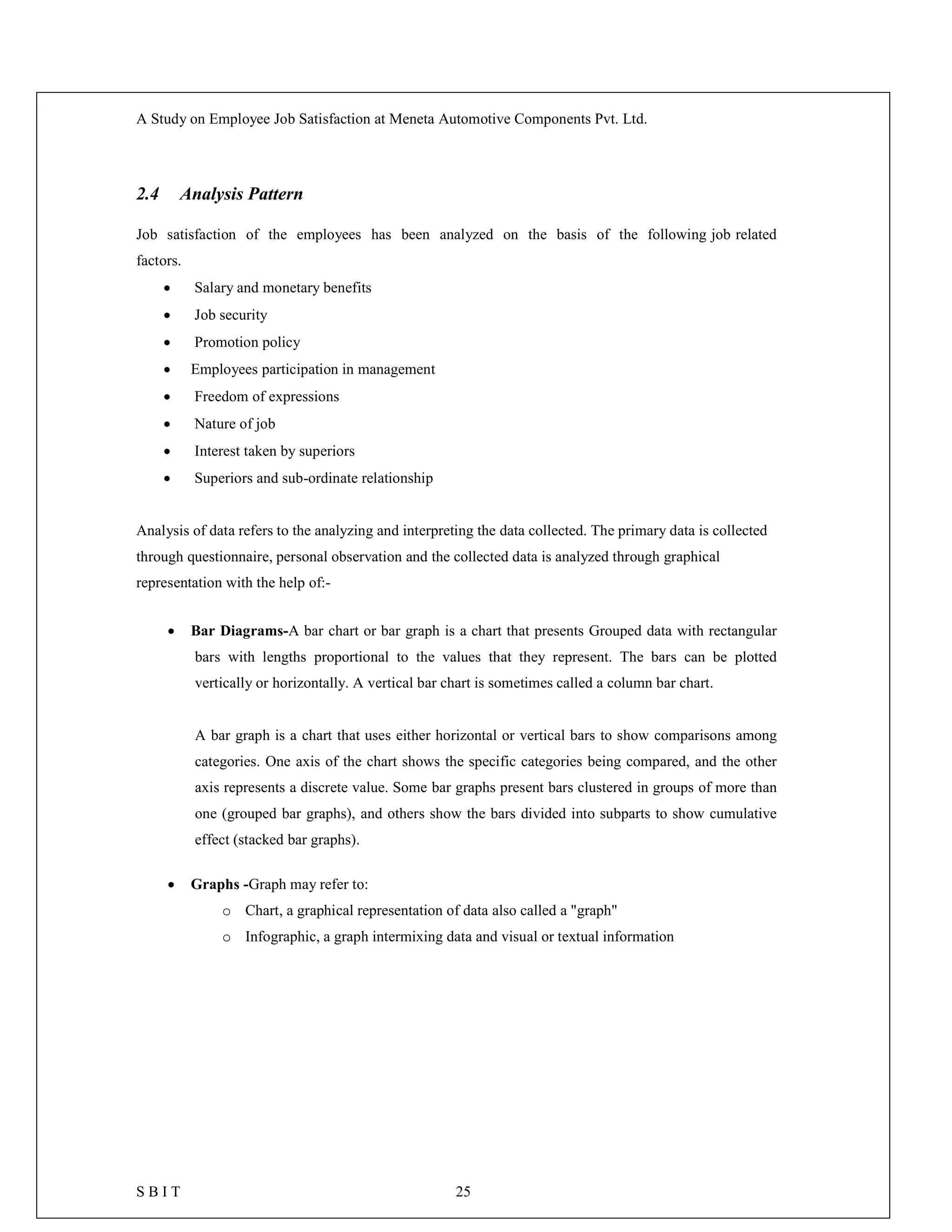 A Study on Employee Job Satisfaction at Meneta Automotive Components Pvt. Ltd.
S B I T 25
2.4 Analysis Pattern
Job satisfaction of the employees has been analyzed on the basis of the following job related
factors.
 Salary and monetary benefits
 Job security
 Promotion policy
 Employees participation in management
 Freedom of expressions
 Nature of job
 Interest taken by superiors
 Superiors and sub-ordinate relationship
Analysis of data refers to the analyzing and interpreting the data collected. The primary data is collected
through questionnaire, personal observation and the collected data is analyzed through graphical
representation with the help of:-
 Bar Diagrams-A bar chart or bar graph is a chart that presents Grouped data with rectangular
bars with lengths proportional to the values that they represent. The bars can be plotted
vertically or horizontally. A vertical bar chart is sometimes called a column bar chart.
A bar graph is a chart that uses either horizontal or vertical bars to show comparisons among
categories. One axis of the chart shows the specific categories being compared, and the other
axis represents a discrete value. Some bar graphs present bars clustered in groups of more than
one (grouped bar graphs), and others show the bars divided into subparts to show cumulative
effect (stacked bar graphs).
 Graphs -Graph may refer to:
o Chart, a graphical representation of data also called a "graph"
o Infographic, a graph intermixing data and visual or textual information
 