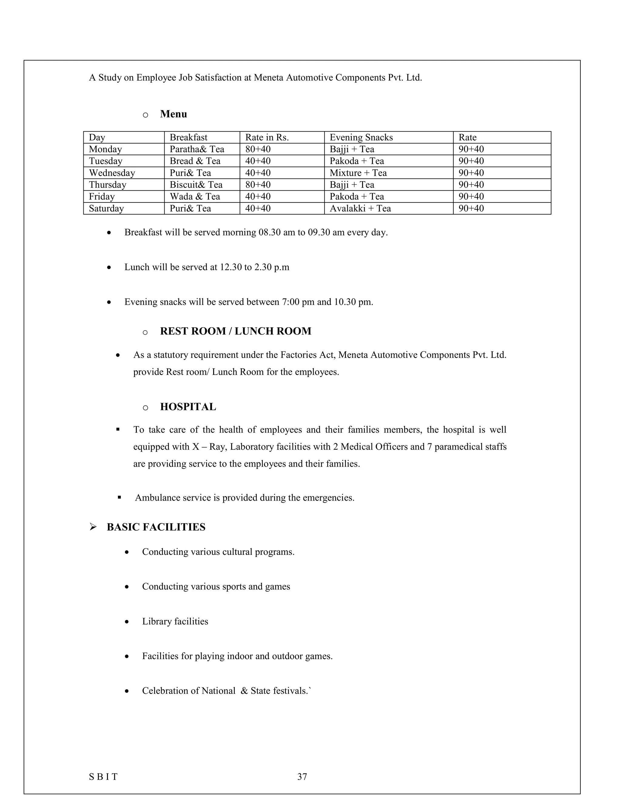 A Study on Employee Job Satisfaction at Meneta Automotive Components Pvt. Ltd.
S B I T 37
o Menu
Day Breakfast Rate in Rs. Evening Snacks Rate
Monday Paratha& Tea 80+40 Bajji + Tea 90+40
Tuesday Bread & Tea 40+40 Pakoda + Tea 90+40
Wednesday Puri& Tea 40+40 Mixture + Tea 90+40
Thursday Biscuit& Tea 80+40 Bajji + Tea 90+40
Friday Wada & Tea 40+40 Pakoda + Tea 90+40
Saturday Puri& Tea 40+40 Avalakki + Tea 90+40
 Breakfast will be served morning 08.30 am to 09.30 am every day.
 Lunch will be served at 12.30 to 2.30 p.m
 Evening snacks will be served between 7:00 pm and 10.30 pm.
o REST ROOM / LUNCH ROOM
 As a statutory requirement under the Factories Act, Meneta Automotive Components Pvt. Ltd.
provide Rest room/ Lunch Room for the employees.
o HOSPITAL
 To take care of the health of employees and their families members, the hospital is well
equipped with X – Ray, Laboratory facilities with 2 Medical Officers and 7 paramedical staffs
are providing service to the employees and their families.
 Ambulance service is provided during the emergencies.
 BASIC FACILITIES
 Conducting various cultural programs.
 Conducting various sports and games
 Library facilities
 Facilities for playing indoor and outdoor games.
 Celebration of National & State festivals.`
 