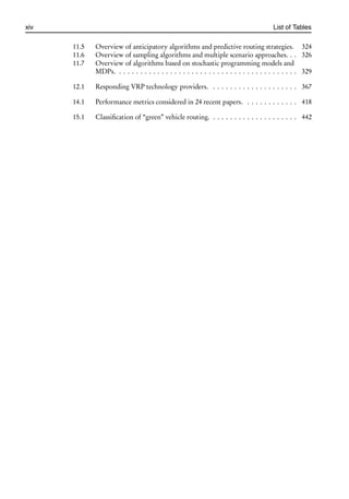 i
i
xiv List of Tables
11.5 Overview of anticipatory algorithms and predictive routing strategies. 324
11.6 Overview of sampling algorithms and multiple scenario approaches. . . 326
11.7 Overview of algorithms based on stochastic programming models and
MDPs. . . . . . . . . . . . . . . . . . . . . . . . . . . . . . . . . . . . . . . . . . . 329
12.1 Responding VRP technology providers. . . . . . . . . . . . . . . . . . . . . 367
14.1 Performance metrics considered in 24 recent papers. . . . . . . . . . . . . 418
15.1 Classification of “green” vehicle routing. . . . . . . . . . . . . . . . . . . . . 442
 