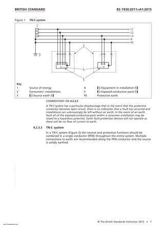 Figure 1 TN-S system
Key
1 Source of energy 4 Equipment in installation
2 Consumers’ installations 5 Exposed-conductive parts
3 Source earth PE Protective earth
COMMENTARY ON 4.2.3.2
A TN-S system has a particular disadvantage that in the event that the protective
conductor becomes open circuit, there is no indication that a fault has occurred and
installations can unknowingly be left without an earth. In the event of an earth
fault all of the exposed-conductive-parts within a consumer installation may be
raised to a hazardous potential. Earth fault protection devices will not operate as
there will be no flow of current to earth.
4.2.3.3 TN-C system
In a TN-C system (Figure 2) the neutral and protective functions should be
combined in a single conductor (PEN) throughout the entire system. Multiple
connections to earth are recommended along the PEN conductor and the source
is solidly earthed.
BRITISH STANDARD BS 7430:2011+A1:2015
© The British Standards Institution 2015 • 7
www.TeraStandard.com
--``,`,`,`,,,,`,,,,,,,`,,`,,```,-`-`,,`,,`,`,,`---
 