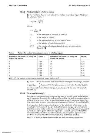 9.5.8.5 Vertical rods in a hollow square
The resistance RTOT of rods set out in a hollow square [see Figure 15e)] may
be calculated from:
RTOT = RrS1 + λα
N
D
where:
α 5
ρ
2pRrs

Rr is the resistance of one rod, in oms (Ω);
λ is the factor in Table 2;
ρ is the resistivity of soil, in ohm metres (Ωm);
s is the spacing of rods, in metres (m);
N is the number of rods used as electrodes (see the note to
Table 2).
Table 2 Factors for vertical electrodes arranged in a hollow square
Number of electrodes (n) along the
side of the square
Factor λ Number of electrodes (n) along the
side of the square
Factor λ
2 2.71 9 7.65
3 4.51 10 7.90
4 5.46 12 8.22
5 6.14 14 8.67
6 6.63 16 8.95
7 7.03 18 9.22
8 7.30 20 9.40
NOTE The number of electrodes N around the square is 4(n − 1).
NOTE Table 2 may also be used for electrodes arranged in a rectangle, where n
is given by n 5
N
4
+1 , where N is the total number of electrodes. Provided that the
length to width ratio of the rectangle does not exceed 2, the error will be smaller
than 6%.
9.5.8.6 Structural steelwork
Foundation metalwork in concrete may be used as a ready made and effective
earth electrode. The total electrode area formed by the underground metalwork
of large structure may often be used to provide an earth resistance lower then
that obtainable by other methods; overall values well below 1 Ω are obtainable.
It is important that consideration is given to the possibility of corrosion of the
metalwork reinforcement; the products of corrosion occupy a greater volume
than the original metal and cracking might occur. In particular, continuous earth
currents should be given attention; a possible source of such current might be
incompatibility with other buried metalwork, including other types of earth
electrode to which foundation metalwork may be bonded (see 9.6).
NOTE 1 It might be necessary to consider the need for cathodic protection.
BRITISH STANDARD BS 7430:2011+A1:2015
© The British Standards Institution 2015 • 43
www.TeraStandard.com
--``,`,`,`,,,,`,,,,,,,`,,`,,```,-`-`,,`,,`,`,,`---
 