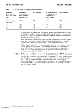 Table 12 – 61.8% test probe spacing for various grid sizes
Maximum
dimension of
earth grid under
test
Distance to
current electrode
from centre of
earth system
50% distance 61.8% distance to
voltage electrode
from centre of
earth system
70% distance
m m m m m
Small or single
electrode
50 25 31 37
5 100 50 62 70
10 150 75 93 105
20 200 100 124 140
To confirm the accuracy of the first reading the voltage probe should be moved
to the 50% and 70% positions and additional readings taken. If these readings
are within ±5% of the value from the 61.8% test then this first reading should
be taken as the correct value.
If the results do not agree, then the current electrode should be moved further
away and the procedure repeated. This whole procedure should be repeated
until the three readings do agree within ±5% of the first reading (61.8%).
NOTE The above procedure is not satisfactory when X has a low resistance, say, 1 Ω
or less. This usually occurs when X is an extended electrode or is composed of a
system of electrodes which cannot be measured individually; generally occupying a
large area. This problem is usually solved by obtaining earth resistance curves
developed under slope test (10.3.7)
10.3.4 Testing the resistance of specific electrodes using a CT clamp tester
Certain test instruments that may be used incorporate a CT which clamps around
the electrode to be tested (Figure 21 shows a 3-terminal test with CT clamp).
The CT may be used to detect the test current returning via that specific
electrode and allows the resistance of the electrode to be measured (using one
of the standard fall-of-potential techniques) without disconnecting it from the
rest of the earth system.
BRITISH STANDARD
BS 7430:2011+A1:2015
74 • © The British Standards Institution 2015
www.TeraStandard.com
--``,`,`,`,,,,`,,,,,,,`,,`,,```,-`-`,,`,,`,`,,`---
 