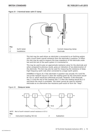 Figure 21 – 3-terminal tester with CT clamp
Key
1 Earth tester 3 Current measuring clamp
2 Installation 4 Electrode
This test may be used where an electrode is connected to an Earthing system
with a much lower overall resistance than the electrode in question. In effect
this test may be used to measure the loop impedance of the electrode under
test and the rest of the earth system it is connected to.
This may be used to give an approximate resistance value for the electrode and
when compared to previous results, gives an indication of any deterioration of
the electrode. This test may also be used for measuring the resistance of deep
high frequency earth rods when connected to a larger earth system.
EXAMPLE In Figure 25, if the electrode in question was actually 10 Ω and the
rest of the network was 0.5 Ω then the reading given by the instrument would
be 10.5 Ω, which would be sufficiently accurate. However, if the electrode
was 1 Ω and the rest of the network also 1 Ω then the reading would be 2 Ω
and hence the result is unreliable. This tester cannot be used on isolated
electrodes as no alternative low resistance path exists to form the “loop”.
Figure 22 Clamp-on tester
NOTE Rest of earth network overall resistance is 0.5 Ω.
Key
1 Instrument (reading 10.5 Ω) 2 Substation
BRITISH STANDARD BS 7430:2011+A1:2015
© The British Standards Institution 2015 • 75
www.TeraStandard.com
--``,`,`,`,,,,`,,,,,,,`,,`,,```,-`-`,,`,,`,`,,`---
 