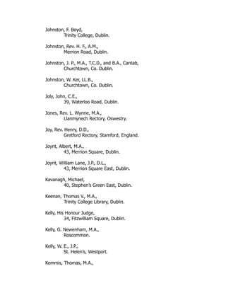 Johnston, F. Boyd,
Trinity College, Dublin.
Johnston, Rev. H. F., A.M.,
Merrion Road, Dublin.
Johnston, J. P., M.A., T.C.D., and B.A., Cantab,
Churchtown, Co. Dublin.
Johnston, W. Ker, LL.B.,
Churchtown, Co. Dublin.
Joly, John, C.E.,
39, Waterloo Road, Dublin.
Jones, Rev. L. Wynne, M.A.,
Llanmynech Rectory, Oswestry.
Joy, Rev. Henry, D.D.,
Gretford Rectory, Stamford, England.
Joynt, Albert, M.A.,
43, Merrion Square, Dublin.
Joynt, William Lane, J.P., D.L.,
43, Merrion Square East, Dublin.
Kavanagh, Michael,
40, Stephen’s Green East, Dublin.
Keenan, Thomas V., M.A.,
Trinity College Library, Dublin.
Kelly, His Honour Judge,
34, Fitzwilliam Square, Dublin.
Kelly, G. Newenham, M.A.,
Roscommon.
Kelly, W. E., J.P.,
St. Helen’s, Westport.
Kemmis, Thomas, M.A.,
 