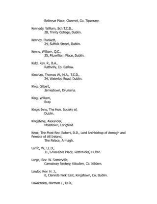 Bellevue Place, Clonmel, Co. Tipperary.
Kennedy, William, Sch.T.C.D.,
28, Trinity College, Dublin.
Kenney, Plunkett,
24, Suffolk Street, Dublin.
Kenny, William, Q.C.,
35, Fitzwilliam Place, Dublin.
Kidd, Rev. R., B.A.,
Rathvilly, Co. Carlow.
Kinahan, Thomas W., M.A., T.C.D.,
24, Waterloo Road, Dublin.
King, Gilbert,
Jamestown, Drumsna.
King, William,
Bray.
King’s Inns, The Hon. Society of,
Dublin.
Kingstone, Alexander,
Mosstown, Longford.
Knox, The Most Rev. Robert, D.D., Lord Archbishop of Armagh and
Primate of All Ireland,
The Palace, Armagh.
Lamb, W., LL.D.,
31, Grosvenor Place, Rathmines, Dublin.
Large, Rev. W. Somerville,
Carnalway Rectory, Kilcullen, Co. Kildare.
Lawlor, Rev. H. J.,
8, Clarinda Park East, Kingstown, Co. Dublin.
Lawrenson, Harman L., M.D.,
 