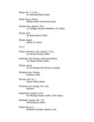 Morley, Rev. T. V., M.A.,
23, Pembroke Road, Dublin.
Moses, Marcus Tertius,
Kilbride Tower, Herbert Road, Bray.
Murdock, Rev. James C., M.A.,
12, Trafalgar Terrace, Monkstown, Co. Dublin.
Murray, W. B.,
39, North Strand, Dublin.
M‘Bride, Robert,
Gilford, Co. Down.
“M. C.”
M‘Cann, Thomas S., Sch. and B.A., T.C.D.,
84, Harcourt Street, Dublin.
MacCarthy, John George, Land Commissioner,
19, Ailesbury Road, Dublin.
M‘Carte, James,
51, St. George’s Hill, Everton, Liverpool.
M‘Clelland, Rev. Thomas,
Foochow, China.
M‘Creery, Rev. W. J.,
Stamer Street, Dublin.
M‘Cutchan, Rev. George, M.A., B.D.,
Kenmare.
MacDermott, Joseph E., B.A.,
64, Mountjoy Square, Dublin. (Two copies.)
MacMaster, George, M.A., J.P.,
Simmonscourt, Dublin.
M‘Neile, Rev. N. F.,
Brafferton Vicarage, Helperby, York.
 