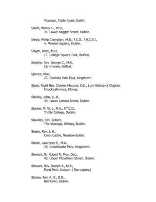 Vicarage, Clyde Road, Dublin.
Smith, Walter G., M.D.,
34, Lower Baggot Street, Dublin.
Smyly, Philip Crampton, M.D., T.C.D., F.R.C.S.I.,
4, Merrion Square, Dublin.
Smyth, Brice, M.D.,
13, College Square East, Belfast.
Smythe, Rev. George C., M.A.,
Carnmoney, Belfast.
Spence, Miss,
23, Clarinda Park East, Kingstown.
Stack, Right Rev. Charles Maurice, D.D., Lord Bishop of Clogher,
Knockballymore, Clones.
Stanley, John, LL.B.,
40, Lower Leeson Street, Dublin.
Starkie, M. W. J., M.A., F.T.C.D.,
Trinity College, Dublin.
Staveley, Rev. Robert,
The Vicarage, Killiney, Dublin.
Steele, Rev. J. H.,
Crom Castle, Newtownbutler.
Steele, Lawrence E., M.A.,
18, Crosthwaite Park, Kingstown.
Stewart, Sir Robert P., Mus. Doc.,
40, Upper Fitzwilliam Street, Dublin.
Stewart, Rev. Joseph A., M.A.,
Pond Park, Lisburn. (Two copies.)
Stoney, Rev. R. B., D.D.,
Irishtown, Dublin.
 