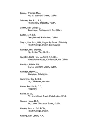 Greene, Thomas, M.A.,
49, St. Stephen’s Green, Dublin.
Grierson, Rev. F. J., A.B.,
The Rectory, Oldcastle, Meath.
Griffith, Rev. George C.,
Parsonage, Castledermot, Co. Kildare.
Griffith, J. P., C.E.,
Temple Road, Rathmines, Dublin.
Gwynn, Rev. John, D.D., Regius Professor of Divinity,
Trinity College, Dublin. (Two copies.)
Hamilton, Mrs. Thomas,
16, Appian Way, Dublin.
Hamilton, Right Hon. Ion Trant, P.C., D.L.,
Abbotstown House, Castleknock, Co. Dublin.
Hamilton, Edwin, M.A.,
97, St. Stephen’s Green, Dublin.
Hamilton, Henry A.,
Hampton, Balbriggan.
Hammond, Rev. J., D.D,
14, Old Helvet, Durham.
Hanan, Rev. Denis, D.D.,
Tipperary.
Hanna, W. W.,
52, North Front Street, Philadelphia, U.S.A.
Harden, Henry, LL.B.,
84, Lower Gloucester Street, Dublin.
Harden, John M., Sch.T.C.D.,
Trinity College, Dublin.
Harding, Rev. Canon, M.A.,
 