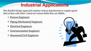 Industrial Applications
The detailed design approach requires various departments to supply agreat
deal of data with other. Listed are various fields that use P&IDs:
 Process Engineers
 Piping/Mechanical Engineers
 Electrical Engineers
 Instrumentation Engineers
 Structural/Civil Engineers
 
