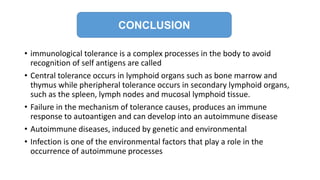 • immunological tolerance is a complex processes in the body to avoid
recognition of self antigens are called
• Central tolerance occurs in lymphoid organs such as bone marrow and
thymus while pheripheral tolerance occurs in secondary lymphoid organs,
such as the spleen, lymph nodes and mucosal lymphoid tissue.
• Failure in the mechanism of tolerance causes, produces an immune
response to autoantigen and can develop into an autoimmune disease
• Autoimmune diseases, induced by genetic and environmental
• Infection is one of the environmental factors that play a role in the
occurrence of autoimmune processes
CONCLUSION
 