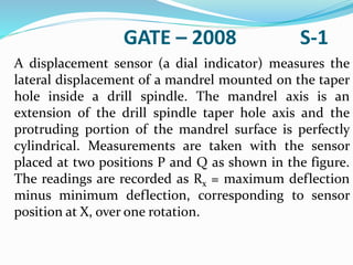 GATE – 2008 S-1
A displacement sensor (a dial indicator) measures the
lateral displacement of a mandrel mounted on the taper
hole inside a drill spindle. The mandrel axis is an
extension of the drill spindle taper hole axis and the
protruding portion of the mandrel surface is perfectly
cylindrical. Measurements are taken with the sensor
placed at two positions P and Q as shown in the figure.
The readings are recorded as Rx = maximum deflection
minus minimum deflection, corresponding to sensor
position at X, over one rotation.
 