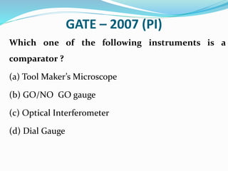 GATE – 2007 (PI)
Which one of the following instruments is a
comparator ?
(a) Tool Maker’s Microscope
(b) GO/NO GO gauge
(c) Optical Interferometer
(d) Dial Gauge
 