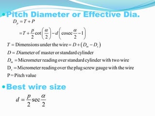 Pitch Diameter or Effective Dia.
Best wire size
 
cot cosec 1
2 2 2
Dimensionsunder thewire
iameter of master orstandardcylinder
Micrometer readingoverstandardcylinder with two wire
D Micrometer readingover theplugscrew gaugew
 
 
   
   
   
   
   



p
m s
m
s
D T P
p
T d
T D D D
D D
D
ith thewire
P= Pitch value
sec
2 2


p
d
 