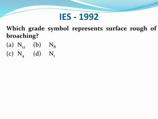 IES - 1992
Which grade symbol represents surface rough of
broaching?
(a) N12 (b) N8
(c) N4 (d) N1
 