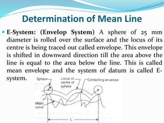 Determination of Mean Line
 E-System: (Envelop System) A sphere of 25 mm
diameter is rolled over the surface and the locus of its
centre is being traced out called envelope. This envelope
is shifted in downward direction till the area above the
line is equal to the area below the line. This is called
mean envelope and the system of datum is called E-
system.
 