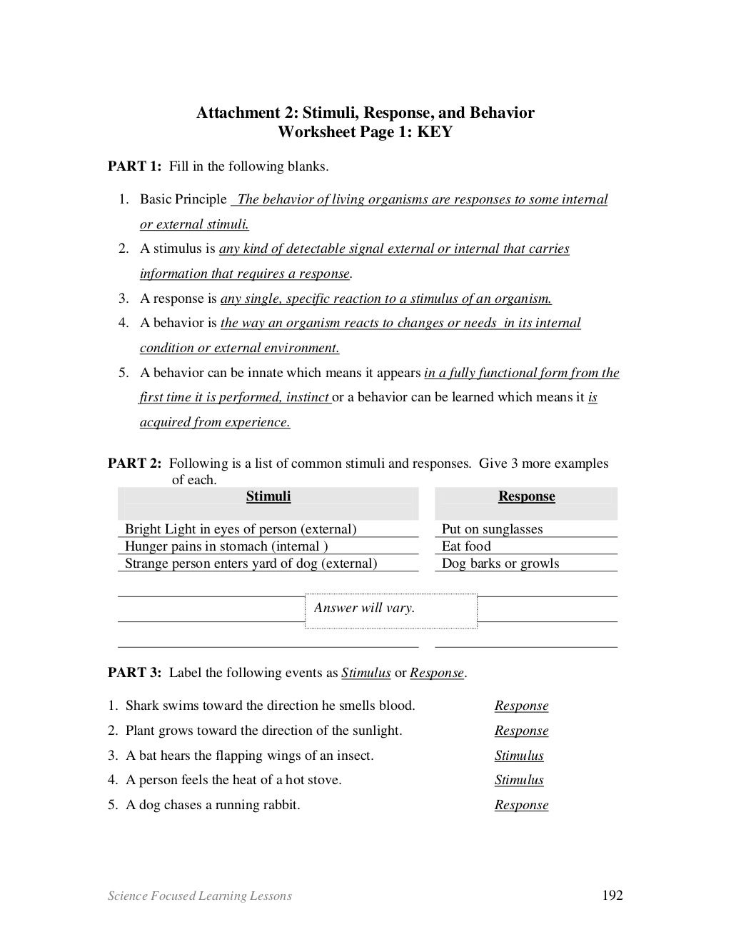 Stimulus and Response Worksheet 2 with Answers