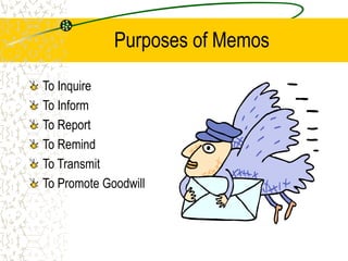 Purposes of Memos
To Inquire
To Inform
To Report
To Remind
To Transmit
To Promote Goodwill
 