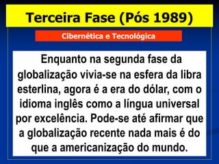 Cibernética e Tecnológica
Terceira Fase (Pós 1989)
Enquanto na segunda fase da
globalização vivia-se na esfera da libra
esterlina, agora é a era do dólar, com o
idioma inglês como a língua universal
por excelência. Pode-se até afirmar que
a globalização recente nada mais é do
que a americanização do mundo.
 