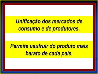 Unificação dos mercados de
consumo e de produtores.
Permite usufruir do produto mais
barato de cada país.
 