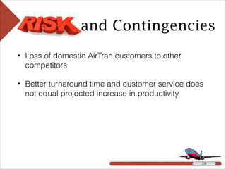 • Loss of domestic AirTran customers to other
competitors
• Better turnaround time and customer service does
not equal projected increase in productivity
and Contingencies
!29 !29
 