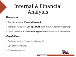 Internal & Financial
Analysis
Resources!
• Tangible resource: Financial Strength
• Intangible resources: Strong culture (Herb Kelleher, servant-leadership)
• Human resource: Excellent hiring practice (enthusiastic & extraverted)
Capabilities!
• Customer service: “perfectly outrageous”
• Operational efﬁciency
• Borrowing capacity
!7
 