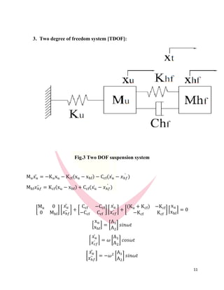 11
3. Two degree of freedom system [TDOF]:
Fig.3 Two DOF suspension system
Mu 𝑥 𝑢̈ = −Kuxu − Kcf(xu − xhf) − Ccf(𝑥 𝑢̇ − 𝑥ℎ𝑓)̇
Mhf 𝑥ℎ𝑓̈ = Kcf(xu − xhf) + Ccf(𝑥 𝑢̇ − 𝑥ℎ𝑓)̇
[
Mu 0
0 Mhf
] [
𝑥 𝑢̈
𝑥ℎ𝑓̈ ] + [
Ccf −Ccf
−Ccf Ccf
] ⌈
𝑥 𝑢̇
𝑥 𝑐𝑓̇ ⌉ + [
(Ku + Kcf) −Kcf
−Kcf Kcf
] ⌈
xu
xhf
⌉ = 0
[
xu
xhf
] = [
A1
A2
] 𝑠𝑖𝑛𝜔𝑡
⌈
𝑥 𝑢̇
𝑥 𝑐𝑓̇ ⌉ = 𝜔 [
A1
A2
] 𝑐𝑜𝑠𝜔𝑡
[
𝑥 𝑢̈
𝑥ℎ𝑓̈ ] = −𝜔2
[
A1
A2
] 𝑠𝑖𝑛𝜔𝑡
 
