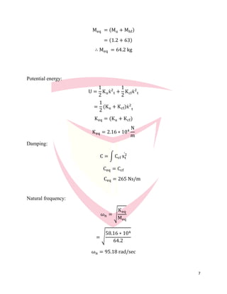 7
Meq = (Mu + Mhf)
= (1.2 + 63)
∴ Meq = 64.2 kg
Potential energy:
U =
1
2
Kuẋ2
t +
1
2
Kcfẋ 2
t
=
1
2
(Ku + Kcf)ẋ2
t
Keq = (Ku + Kcf)
Keq = 2.16 ∗ 104
N
m
Damping:
C = ∫ Ccf xt
2̇
Ceq = Ccf
Ceq = 265 Ns/m
Natural frequency:
ωn = √
Keq
Meq
= √
58.16 ∗ 104
64.2
ωn = 95.18 rad/sec
 
