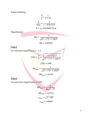 9
Neglect damping,
X
Y
=
1
1 − r2
X
0.01
=
1
1 − 0.013192
X = xu=0.01000174 m
Magnification:
MF =
1
√(1 − r2)2 + (2ξr)2
MF = 1.00356
Case-1
For minimum magnification r = 1.5,
(𝑇𝑅) =
𝑋
𝑌
= √
1 + (2ƺ𝑟)2
(1 − 𝑟2)2 + (2ƺ𝑟)2
(TR) = 0.80
MFmin =
1
√(1 − r2)2 + (2ξr)2
MFmin = 0.799
Case-2
For maximum magnification ξ=0.022
MFmax =
1
2ξ√1 − ξ2
MFmax = 22.732
rmax = √1 − 2ξ2
rmax = 1.0009
 