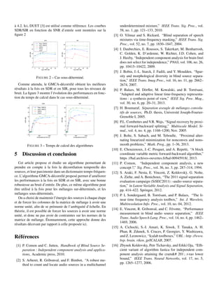 à 4.2. Ici, DUET [3] est utilisé comme référence. Les courbes
SDR/SIR en fonction du SNR d’entrée sont montrées sur la
ﬁgure 2
5 10 15 20 25 30
−5
0
5
10
15
20
Input SNR (dB)
SDR(dB)
SDR
5 10 15 20 25 30
−5
0
5
10
15
20
Input SNR (dB)
SIR(dB)
SIR
Regu−GMCA
Deco−GMCA
GMCA
PALM
DUET
FIGURE 2 – Cas sous-déterminé.
Comme attendu, le GMCA-décorrélé obtient les meilleurs
résultats à la fois en SDR et en SIR, pour tous les niveaux de
bruit. La ﬁgure 3 montre l’évolution des performances en fonc-
tion du temps de calcul dans le cas sous-déterminé.
0 500 1000
−10
−5
0
5
10
15
20
SDR
Computational time (s)
SDR(dB)
0 500 1000
−10
−5
0
5
10
15
20
SIR
Computational time (s)
SIR(dB)
Regu−GMCA
Deco−GMCA
GMCA
PALM
FIGURE 3 – Temps de calcul des algorithmes
5 Discussion et conclusion
Cet article propose et étudie un algorithme permettant de
prendre en compte à la fois la décorrélation temporelle des
sources, et leur parcimonie dans un dictionnaire temps-fréquen-
ce. L’algorithme GMCA-décorrélé proposé permet d’améliorer
les performances à la fois en SDR et en SIR, avec une bonne
robustesse au bruit d’entrée. De plus, ce même algorithme peut
être utilisé à la fois pour les mélanges sur-déterminés, et les
mélanges sous-déterminés.
On a choisi de maintenir l’énergie des sources à chaque étape
et de forcer les colonnes de la matrice de mélange à avoir une
norme unité, aﬁn de se prémunir de l’ambiguité d’échelle. En
théorie, il est possible de forcer les sources à avoir une norme
unité, et donc ne pas avoir de contraintes sur les normes de la
matrice de mélange. Étonnamment, cette approche donne des
résultats décevant par rapport à celle proposée ici.
Références
[1] P. Comon and C. Jutten, Handbook of Blind Source Se-
paration : Independent component analysis and applica-
tions, Academic press, 2010.
[2] S. Arberet, R. Gribonval, and F. Bimbot, “A robust me-
thod to count and locate audio sources in a multichannel
underdetermined mixture,” IEEE Trans. Sig. Proc., vol.
58, no. 1, pp. 121–133, 2010.
[3] O. Yilmaz and S. Rickard, “Blind separation of speech
mixtures via time-frequency masking,” IEEE Trans. Sig.
Proc., vol. 52, no. 7, pp. 1830–1847, 2004.
[4] I. Daubechies, E. Roussos, S. Takerkart, M. Benharrosh,
C. Golden, K. D’ardenne, W. Richter, J.D. Cohen, and
J. Haxby, “Independent component analysis for brain fmri
does not select for independence,” PNAS, vol. 106, no. 26,
pp. 10415–10422, 2009.
[5] J. Bobin, J.-L. Starck, J. Fadili, and Y. Moudden, “Spar-
sity and morphological diversity in blind source separa-
tion,” IEEE Trans. Imag Proc., vol. 16, no. 11, pp. 2662–
2674, 2007.
[6] P. Balazs, M. Dörﬂer, M. Kowalski, and B. Torrésani,
“Adapted and adaptive linear time-frequency representa-
tions : a synthesis point of view,” IEEE Sig. Proc. Mag.,
vol. 30, no. 6, pp. 20–31, 2013.
[7] H. Boumaraf, Séparation aveugle de mélanges convolu-
tifs de sources, Ph.D. thesis, Université Joseph-Fourier-
Grenoble I, 2005.
[8] P.L. Combettes and V.R. Wajs, “Signal recovery by proxi-
mal forward-backward splitting,” Multiscale Model. Si-
mul., vol. 4, no. 4, pp. 1168–1200, Nov. 2005.
[9] J. Bolte, S. Sabach, and M. Teboulle, “Proximal alter-
nating linearized minimization for nonconvex and nons-
mooth problems,” Math. Prog., pp. 1–36, 2013.
[10] E. Chouzenoux, J.-C. Pesquet, and A. Repetti, “A block
coordinate variable metric forward-backward algorithm,”
https ://hal.archives-ouvertes.fr/hal-00945918/, 2013.
[11] P. Comon, “Independent component analysis, a new
concept ?,” Sig. Proc., vol. 36, no. 3, pp. 287–314, 1994.
[12] S. Araki, F. Nesta, E. Vincent, Z. Koldovsk`y, G. Nolte,
A. Ziehe, and A. Benichoux, “The 2011 signal separation
evaluation campaign (SiSEC2011) :-audio source separa-
tion,” in Latent Variable Analysis and Signal Separation,
pp. 414–422. Springer, 2012.
[13] P. L Sondergaard, B. Torrésani, and P. Balazs, “The li-
near time frequency analysis toolbox,” Int. J. Wavelets,
Multiresolution Info. Proc., vol. 10, no. 04, 2012.
[14] E. Vincent, R. Gribonval, and C. Févotte, “Performance
measurement in blind audio source separation,” IEEE
Trans. Audio Speech Lang. Proc., vol. 14, no. 4, pp. 1462–
1469, 2006.
[15] A. Cichocki, S.-I. Amari, K. Siwek, T. Tanaka, A. H.
Phan, R. Zdunek, S. Cruces, P. Georgiev, Y. Washizawa,
and Z. Leonowicz, “Icalab toolboxes,” URL : http ://www.
bsp. brain. riken. jp/ICALAB, 2007.
[16] Zbynek Koldovsky, Petr Tichavsky, and Erkki Oja, “Efﬁ-
cient variant of algorithm fastica for independent com-
ponent analysis attaining the cram&# 201 ; r-rao lower
bound,” IEEE Trans. Neural Networks, vol. 17, no. 5,
pp. 1265–1277, 2006.
 