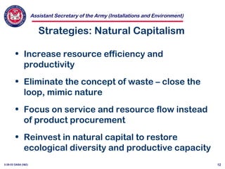 Assistant Secretary of the Army (Installations and Environment)
3-28-02 OASA (I&E) 12
Strategies: Natural Capitalism
• Increase resource efficiency and
productivity
• Eliminate the concept of waste – close the
loop, mimic nature
• Focus on service and resource flow instead
of product procurement
• Reinvest in natural capital to restore
ecological diversity and productive capacity
 