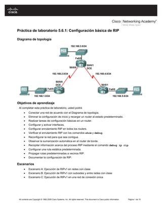 Práctica de laboratorio 5.6.1: Configuración básica de RIP

Diagrama de topología




Objetivos de aprendizaje
 Al completar esta práctica de laboratorio, usted podrá:
      •     Conectar una red de acuerdo con el Diagrama de topología.
      •     Eliminar la configuración de inicio y recargar un router al estado predeterminado.
      •     Realizar tareas de configuración básicas en un router.
      •     Configurar y activar interfaces.
      •     Configurar enrutamiento RIP en todos los routers.
      •     Verificar el enrutamiento RIP con los comandos show y debug.
      •     Reconfigurar la red para que sea contigua.
      •     Observar la sumarización automática en el router de borde.
      •     Recopilar información acerca del proceso RIP mediante el comando debug ip rip.
      •     Configurar una ruta estática predeterminada.
      •     Propagar rutas predeterminadas a vecinos RIP.
      •     Documentar la configuración de RIP.

Escenarios
      •     Escenario A: Ejecución de RIPv1 en redes con clase
      •     Escenario B: Ejecución de RIPv1 con subredes y entre redes con clase
      •     Escenario C: Ejecución de RIPv1 en una red de conexión única




 All contents are Copyright © 1992-2009 Cisco Systems, Inc. All rights reserved. This document is Cisco public information.   Página 1 de 15
 