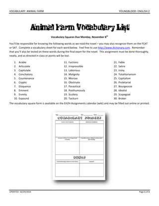 VOCABULARY: ANIMAL FARM    YOUNGBLOOD: ENGLISH 2 
Animal Farm Vocabulary List
Vocabulary Squares Due Monday, November 8th
 
You’ll be responsible for knowing the following words as we read the novel – you may also recognize them on the FCAT 
or SAT.  Complete a vocabulary sheet for each word below.  Feel free to use http://www.dictionary.com.  Remember 
that you’ll also be tested on these words during the final exam for the novel.  This assignment must be done thoroughly, 
neatly, and as directed in class or points will be lost. 
1. Arable 
2. Articulate 
3. Capitulate 
4. Conciliatory 
5. Countenance 
6. Cryptic 
7. Eloquence 
8. Eminent 
9. Enmity 
10. Expound 
11. Factions 
12. Irrepressible 
13. Laborious 
14. Malignity 
15. Morose 
16. Obstinate 
17. Parasitical 
18. Posthumously 
19. Scullery 
20. Taciturn 
21. Fable 
22. Satire 
23. Irony 
24. Totalitarianism 
25. Capitalism 
26. Proletariat 
27. Bourgeoisie 
28. Idealist 
29. Scapegoat 
30. Broker 
The vocabulary square form is available on the EH2H Assignments calendar (wiki) and may be filled out online or printed.  
 
 
UPDATED: 10/29/2010    Page 1 of 1 
 
 