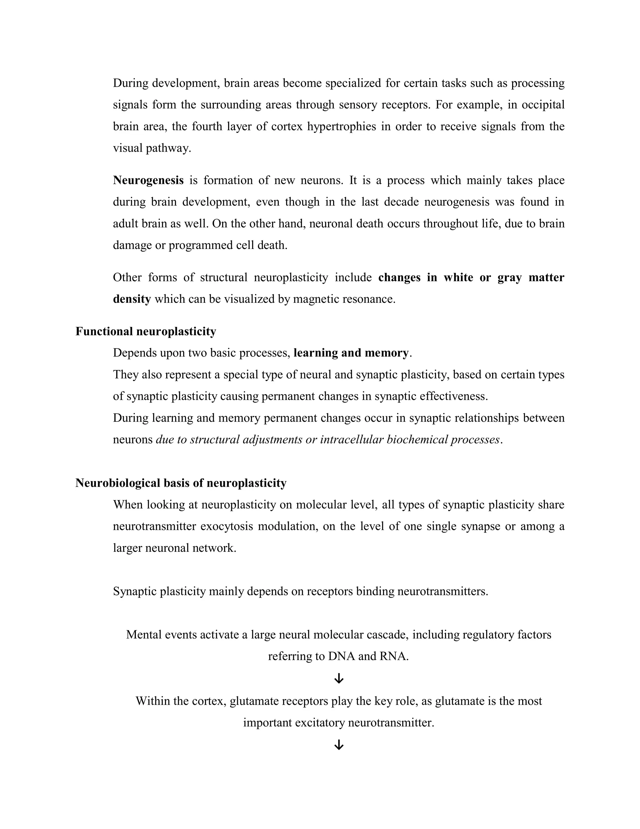 During development, brain areas become specialized for certain tasks such as processing
signals form the surrounding areas through sensory receptors. For example, in occipital
brain area, the fourth layer of cortex hypertrophies in order to receive signals from the
visual pathway.
Neurogenesis is formation of new neurons. It is a process which mainly takes place
during brain development, even though in the last decade neurogenesis was found in
adult brain as well. On the other hand, neuronal death occurs throughout life, due to brain
damage or programmed cell death.
Other forms of structural neuroplasticity include changes in white or gray matter
density which can be visualized by magnetic resonance.
Functional neuroplasticity
Depends upon two basic processes, learning and memory.
They also represent a special type of neural and synaptic plasticity, based on certain types
of synaptic plasticity causing permanent changes in synaptic effectiveness.
During learning and memory permanent changes occur in synaptic relationships between
neurons due to structural adjustments or intracellular biochemical processes.
Neurobiological basis of neuroplasticity
When looking at neuroplasticity on molecular level, all types of synaptic plasticity share
neurotransmitter exocytosis modulation, on the level of one single synapse or among a
larger neuronal network.
Synaptic plasticity mainly depends on receptors binding neurotransmitters.
Mental events activate a large neural molecular cascade, including regulatory factors
referring to DNA and RNA.
↓
Within the cortex, glutamate receptors play the key role, as glutamate is the most
important excitatory neurotransmitter.
↓
 