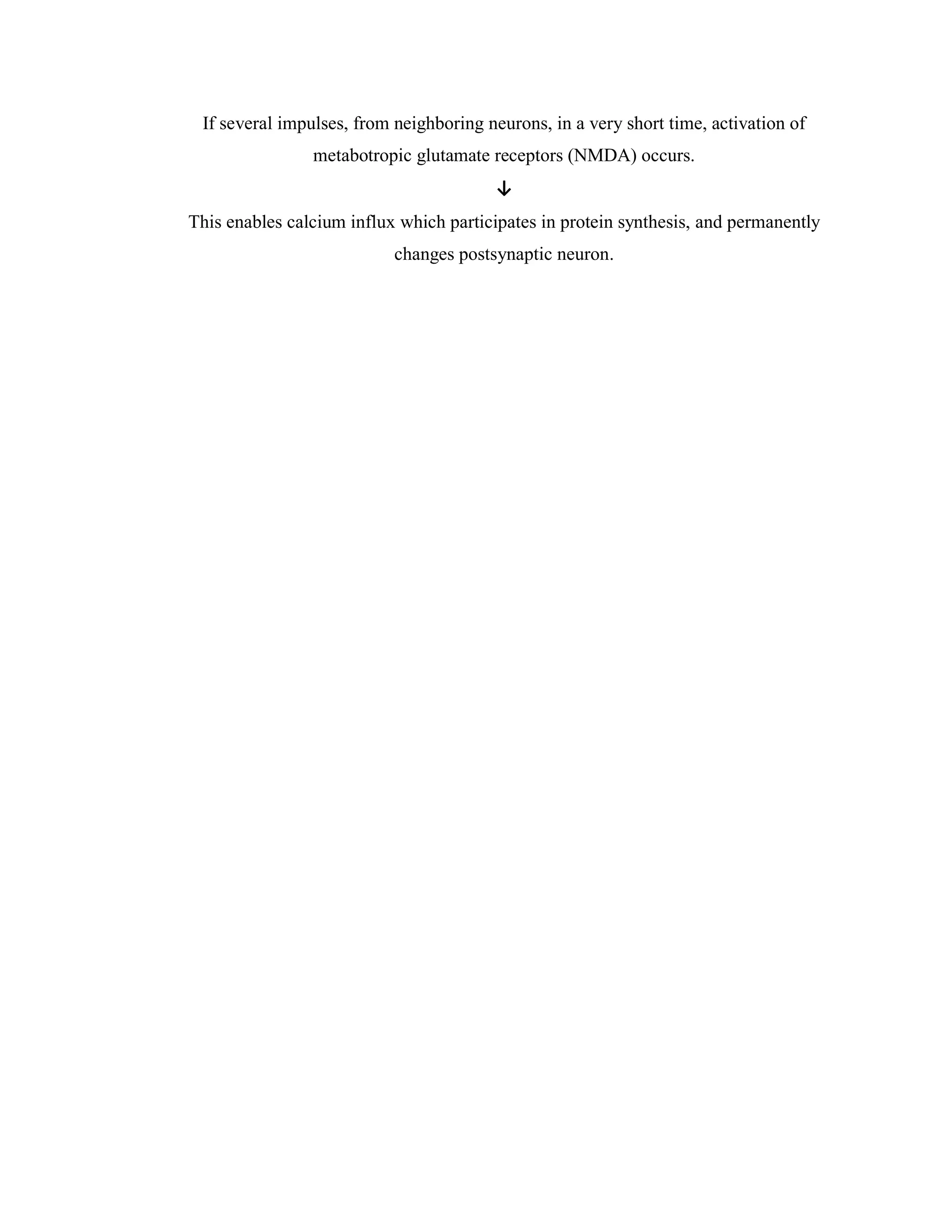 If several impulses, from neighboring neurons, in a very short time, activation of
metabotropic glutamate receptors (NMDA) occurs.
↓
This enables calcium influx which participates in protein synthesis, and permanently
changes postsynaptic neuron.
 