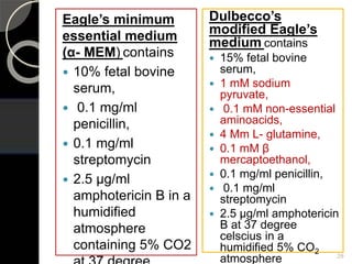 Eagle’s minimum
essential medium
(α- MEM) contains
 10% fetal bovine
serum,
 0.1 mg/ml
penicillin,
 0.1 mg/ml
streptomycin
 2.5 μg/ml
amphotericin B in a
humidified
atmosphere
containing 5% CO2
Dulbecco’s
modified Eagle’s
medium contains
 15% fetal bovine
serum,
 1 mM sodium
pyruvate,
 0.1 mM non-essential
aminoacids,
 4 Mm L- glutamine,
 0.1 mM β
mercaptoethanol,
 0.1 mg/ml penicillin,
 0.1 mg/ml
streptomycin
 2.5 μg/ml amphotericin
B at 37 degree
celscius in a
humidified 5% CO2
atmosphere 29
 