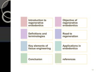 Introduction to
regenerative
endodontics
Objective of
regenerative
endodontics
Definitions and
terminologies
Road to
regeneration
Key elements of
tissue engineering
Applications in
endodontics
Conclusion references
64
 